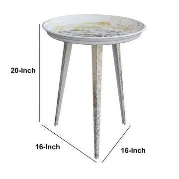 20 Inch Artisanal Industrial Round Tray Top Iron Side End Table, Tripod Base, Distressed White, Gold By The Urban Port