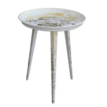 20 Inch Artisanal Industrial Round Tray Top Iron Side End Table, Tripod Base, Distressed White, Gold By The Urban Port