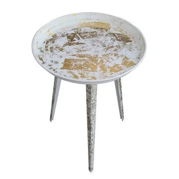 20 Inch Artisanal Industrial Round Tray Top Iron Side End Table, Tripod Base, Distressed White, Gold By The Urban Port