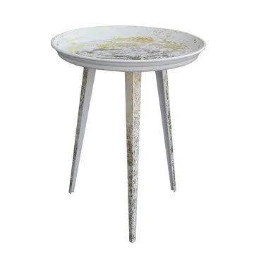 20 Inch Artisanal Industrial Round Tray Top Iron Side End Table, Tripod Base, Distressed White, Gold By The Urban Port