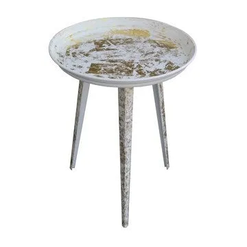 20 Inch Artisanal Industrial Round Tray Top Iron Side End Table, Tripod Base, Distressed White, Gold By The Urban Port