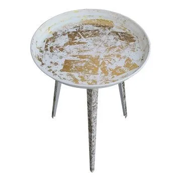 20 Inch Artisanal Industrial Round Tray Top Iron Side End Table, Tripod Base, Distressed White, Gold By The Urban Port