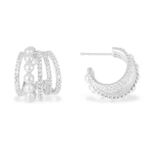 5 Hoop Earrings with Pearls - White Silver