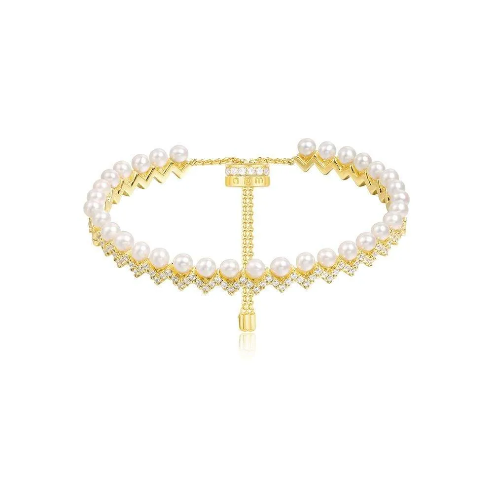 Adjustable Up And Down Bracelet with Pearls - Yellow Silver