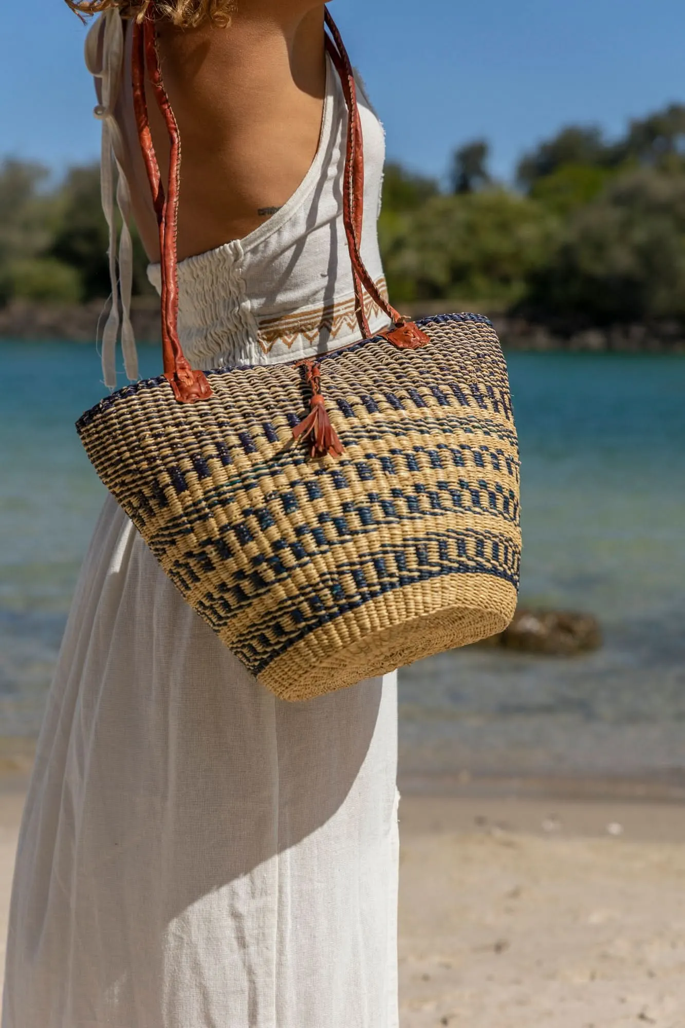 African Woven Basket in Blue and Natural