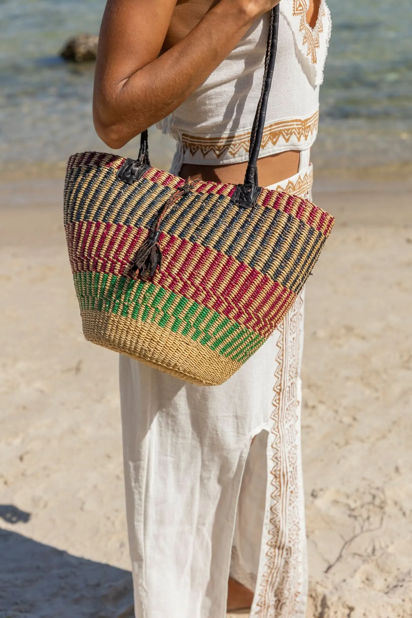 African Woven Basket in Red Green - Wholesale