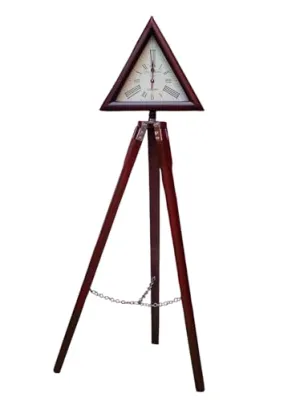 A.J Handicraft Wooden Triopd Stand with Triangle Clock Antique Look Style Deep Glass Roman Number for Home, Hall, Office.