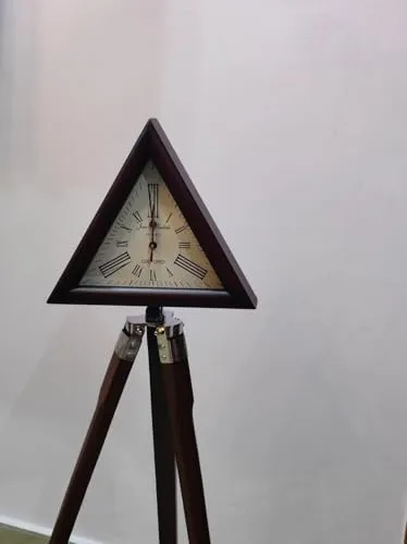 A.J Handicraft Wooden Triopd Stand with Triangle Clock Antique Look Style Deep Glass Roman Number for Home, Hall, Office.