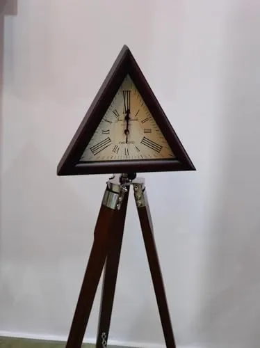 A.J Handicraft Wooden Triopd Stand with Triangle Clock Antique Look Style Deep Glass Roman Number for Home, Hall, Office.