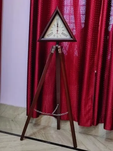 A.J Handicraft Wooden Triopd Stand with Triangle Clock Antique Look Style Deep Glass Roman Number for Home, Hall, Office.