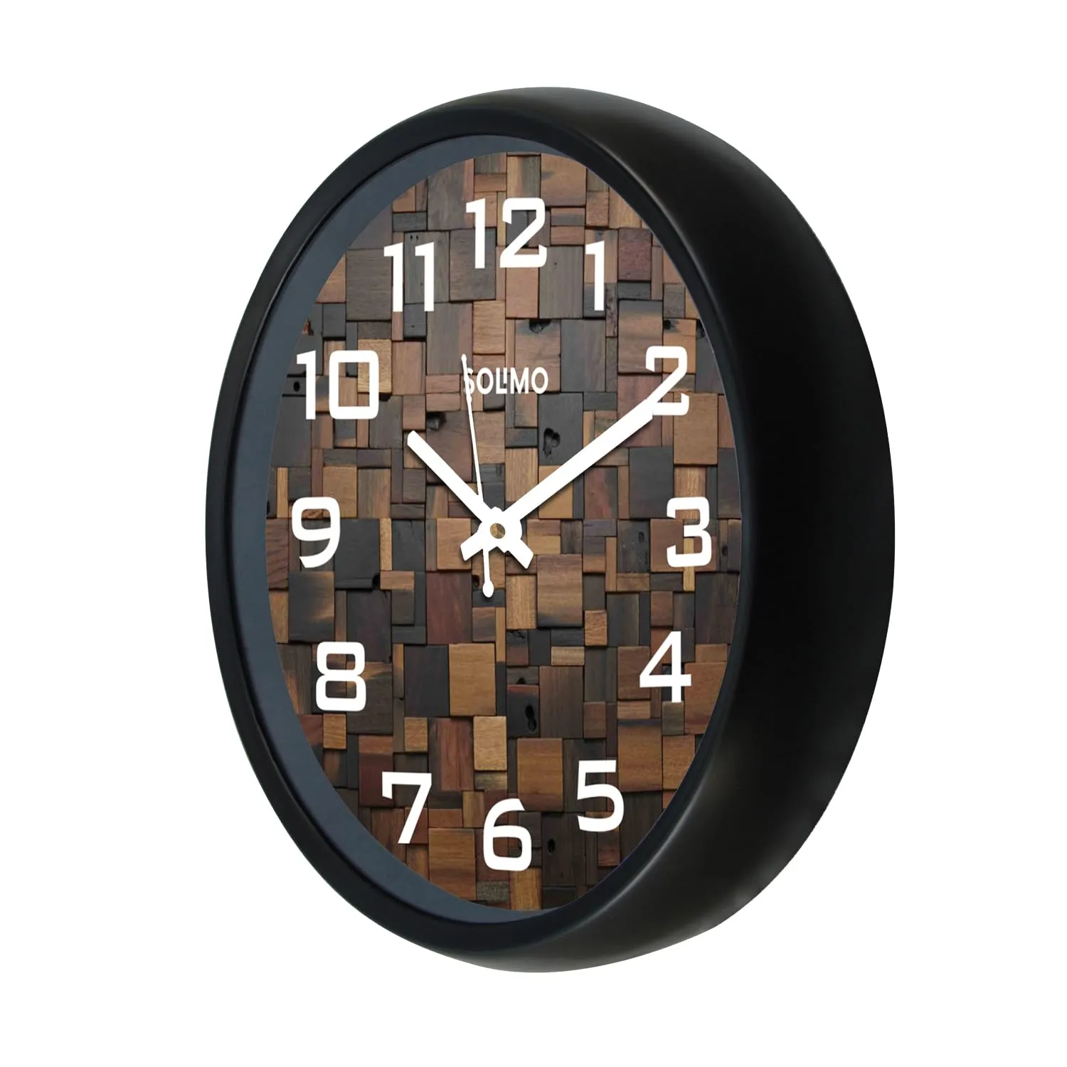 Amazon Brand - Solimo 12-inch Plastic & Glass Wall Clock - Wood Craft (Silent Movement), Black