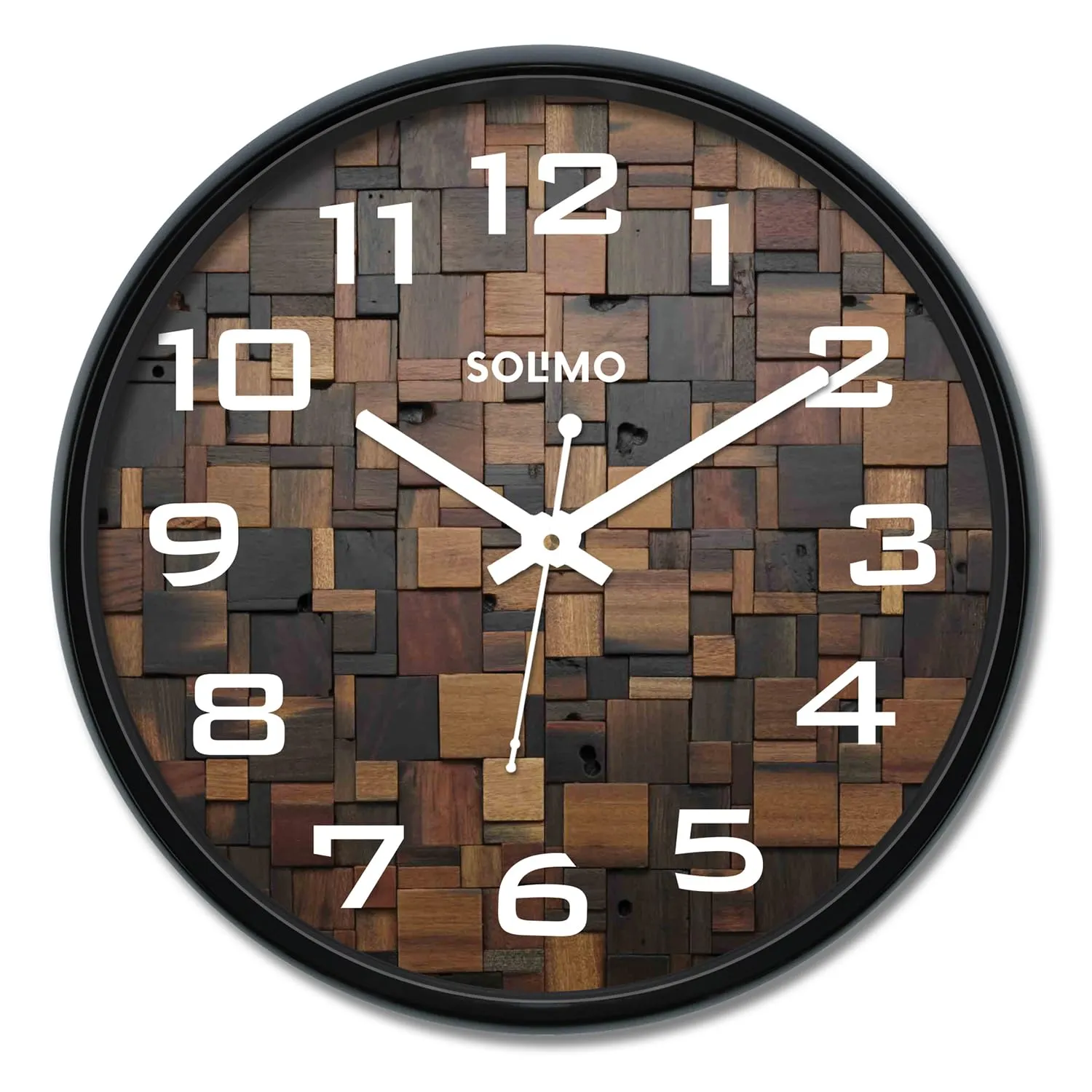 Amazon Brand - Solimo 12-inch Plastic & Glass Wall Clock - Wood Craft (Silent Movement), Black