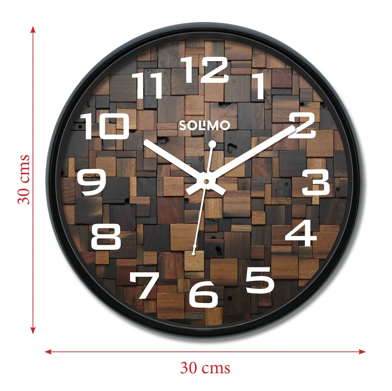 Amazon Brand - Solimo 12-inch Plastic & Glass Wall Clock - Wood Craft (Silent Movement), Black