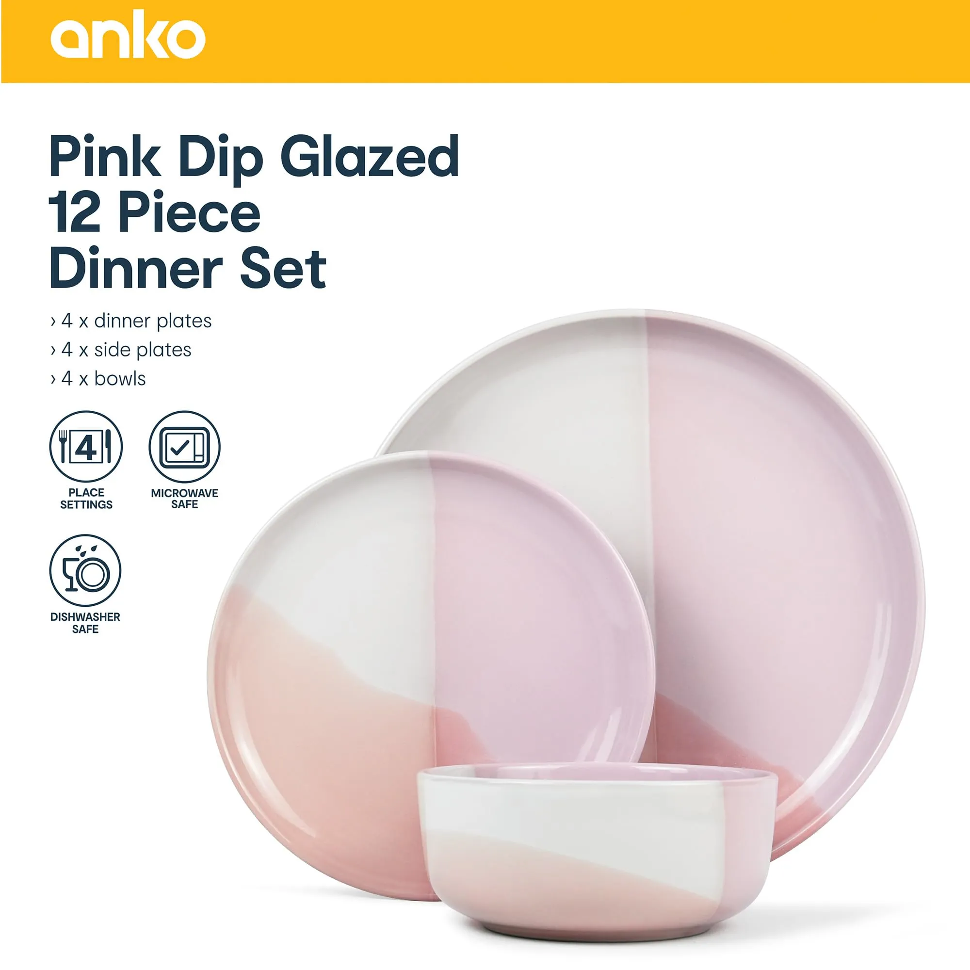 Anko Pink Dip Glazed 12 Pieces Dinner Set| Dinner Set for 4 | 4 Dinner Plates, 4 Side Plates & 4 Bowls |Light-Weight Daily Use Premium Crockery for Dining Table, Home, Restaurant, Gifting | Pink