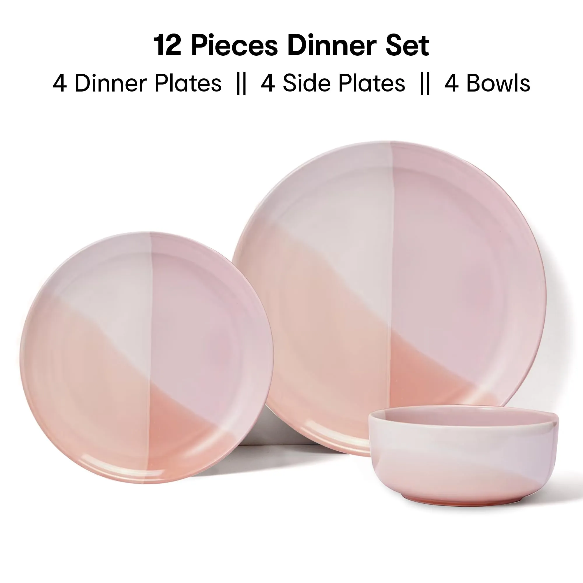 Anko Pink Dip Glazed 12 Pieces Dinner Set| Dinner Set for 4 | 4 Dinner Plates, 4 Side Plates & 4 Bowls |Light-Weight Daily Use Premium Crockery for Dining Table, Home, Restaurant, Gifting | Pink