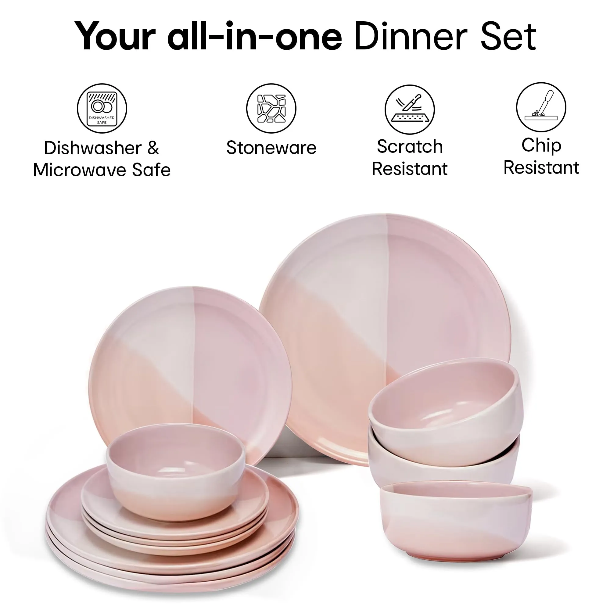 Anko Pink Dip Glazed 12 Pieces Dinner Set| Dinner Set for 4 | 4 Dinner Plates, 4 Side Plates & 4 Bowls |Light-Weight Daily Use Premium Crockery for Dining Table, Home, Restaurant, Gifting | Pink