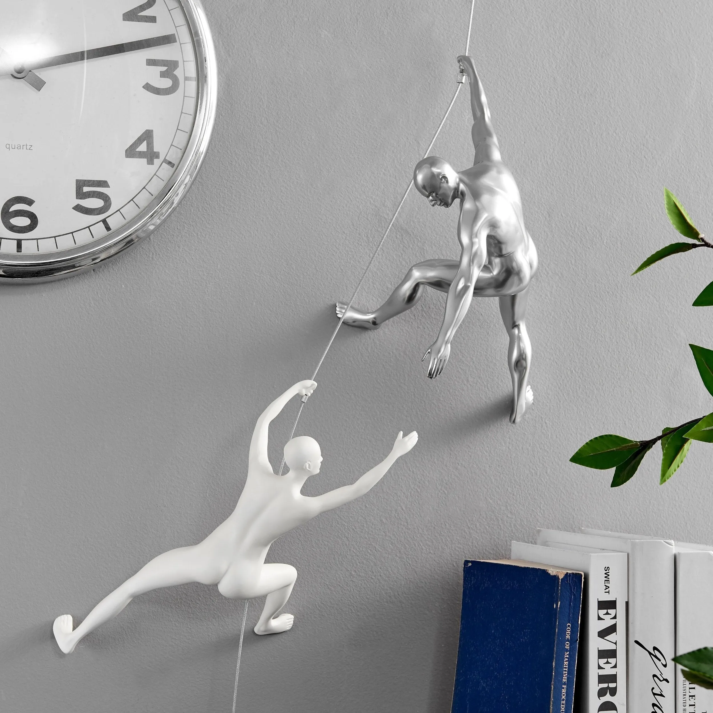 Climbing Couple Set of Two Wall Sculptures, Matte White & Chrome