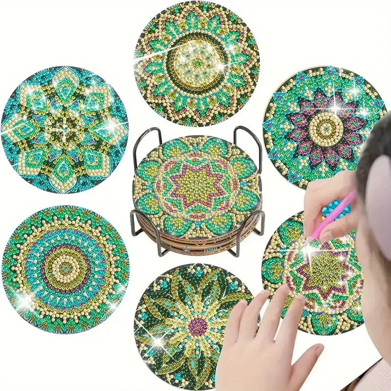 DIY Mandala Diamond Painting Coasters, 6 Piece Set With Holder