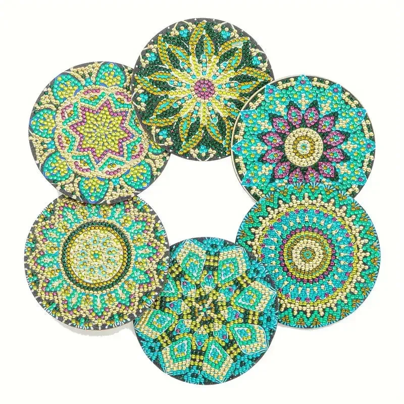 DIY Mandala Diamond Painting Coasters, 6 Piece Set With Holder