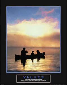 Fishing at Sunset "Values" (Father, Son and Dog) Inspirational Motivational Poster - Front Line