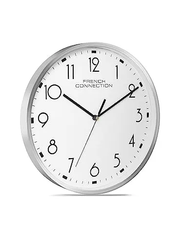 French Connection Elegant Decorative White Analog Wall Clock with Silver Rim - Size 12 inches - FCWC06-A