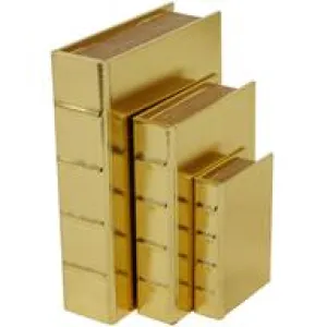 Gold Faux Leather Faux Storage Book Box with Metallic Finish Set of 3 12", 9", 7"H