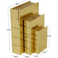 Gold Faux Leather Faux Storage Book Box with Metallic Finish Set of 3 12", 9", 7"H