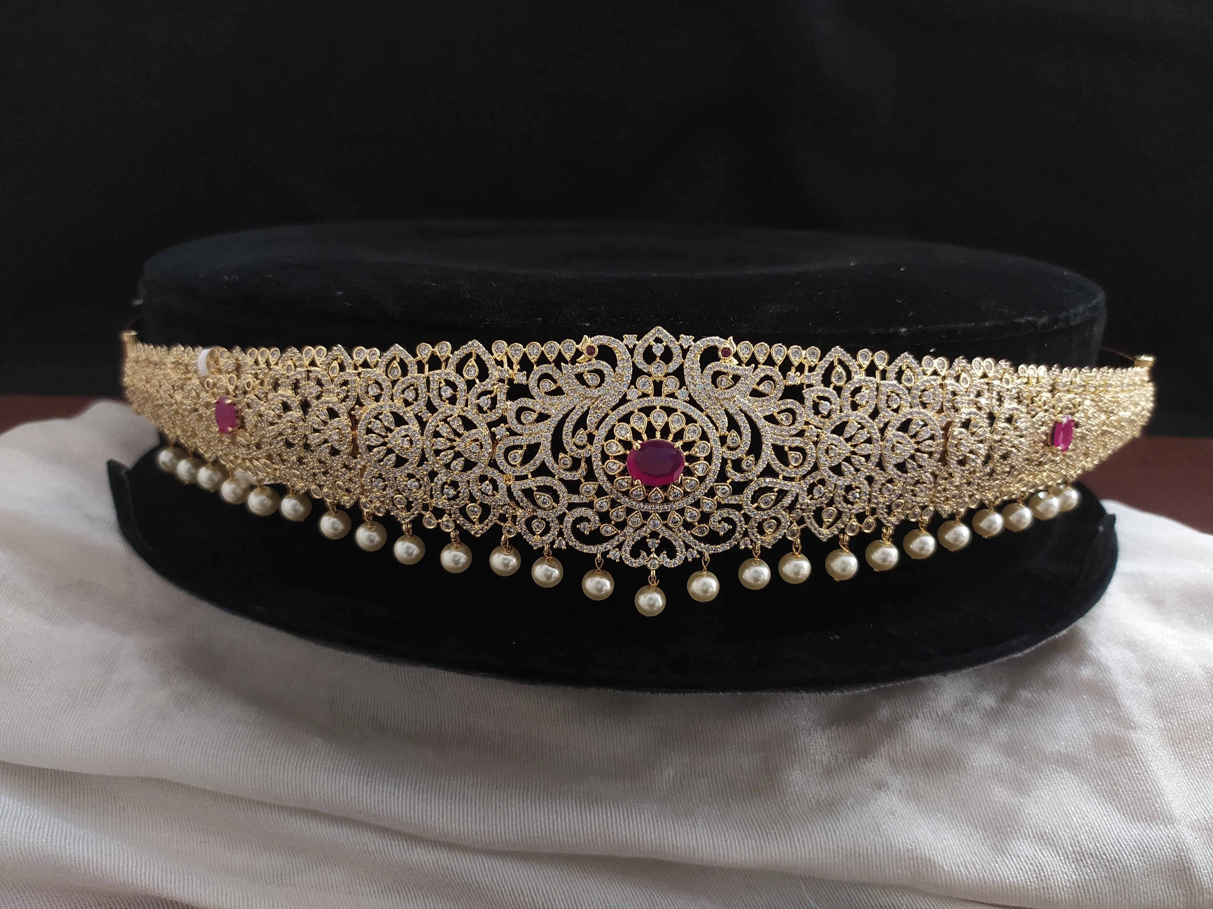 Gold-Plated Hip Belts with Zircon Stones and Pearl Drops