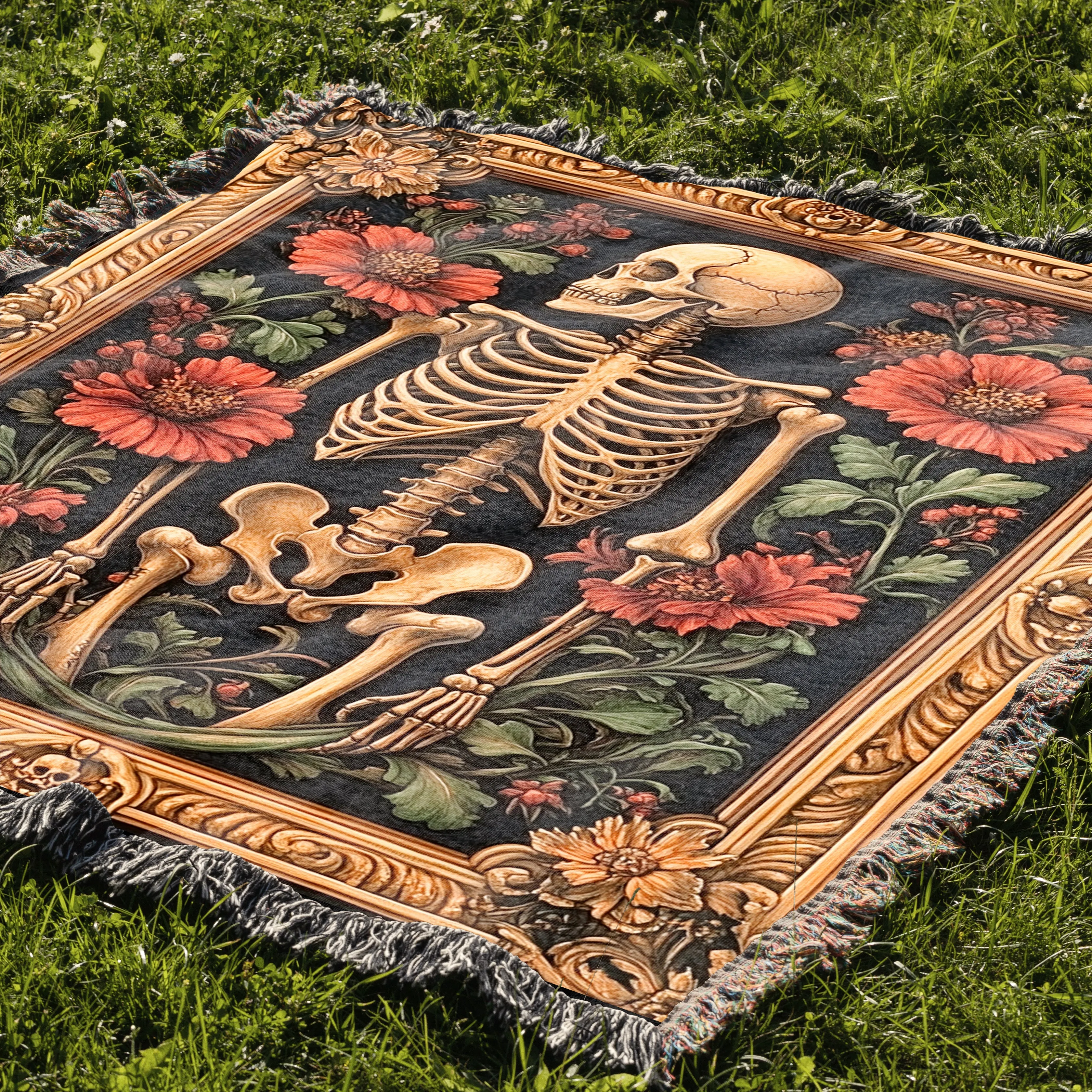 Halloween Floral Skeleton Pattern 50" x 60" Gift Woven Jacquard Blanket