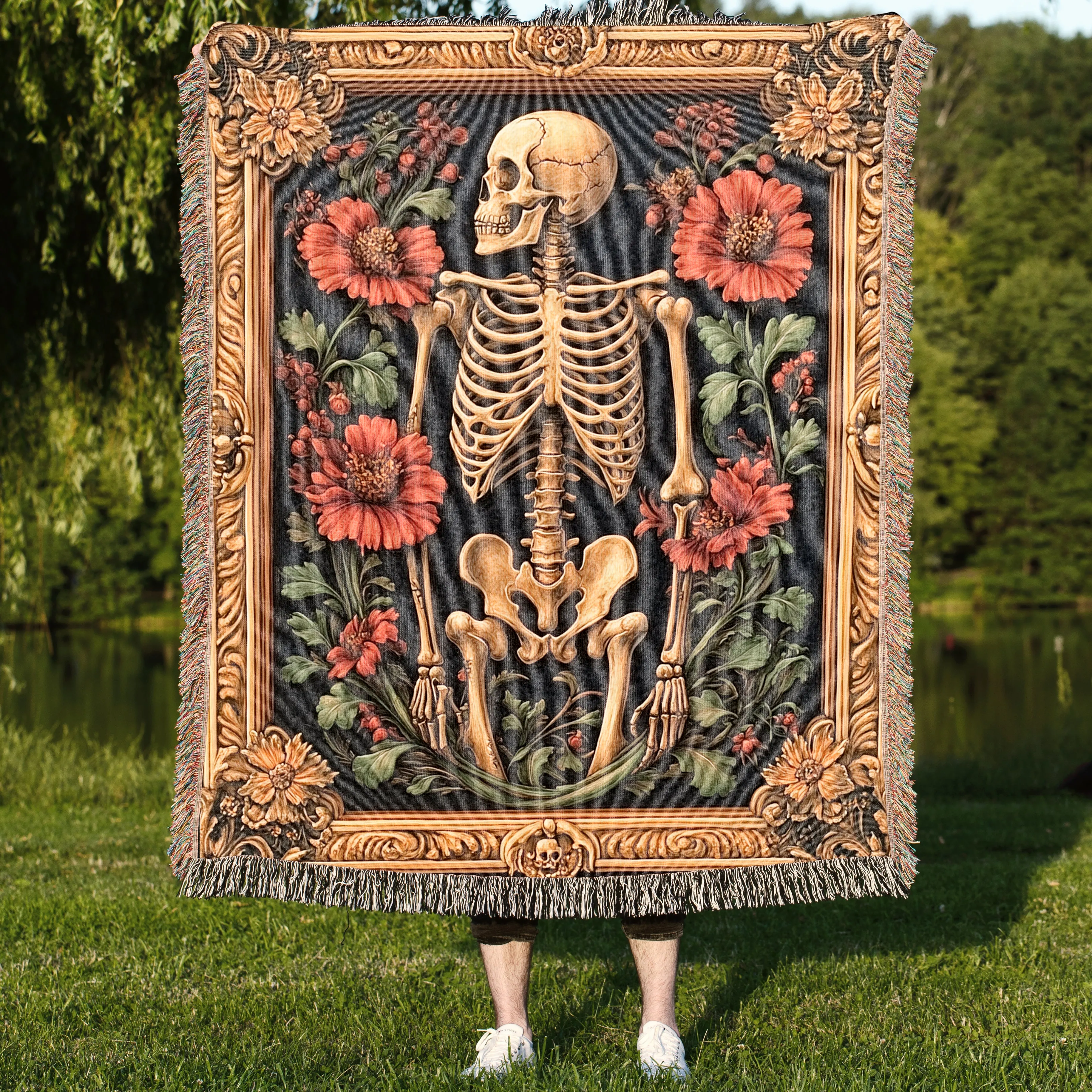 Halloween Floral Skeleton Pattern 50" x 60" Gift Woven Jacquard Blanket