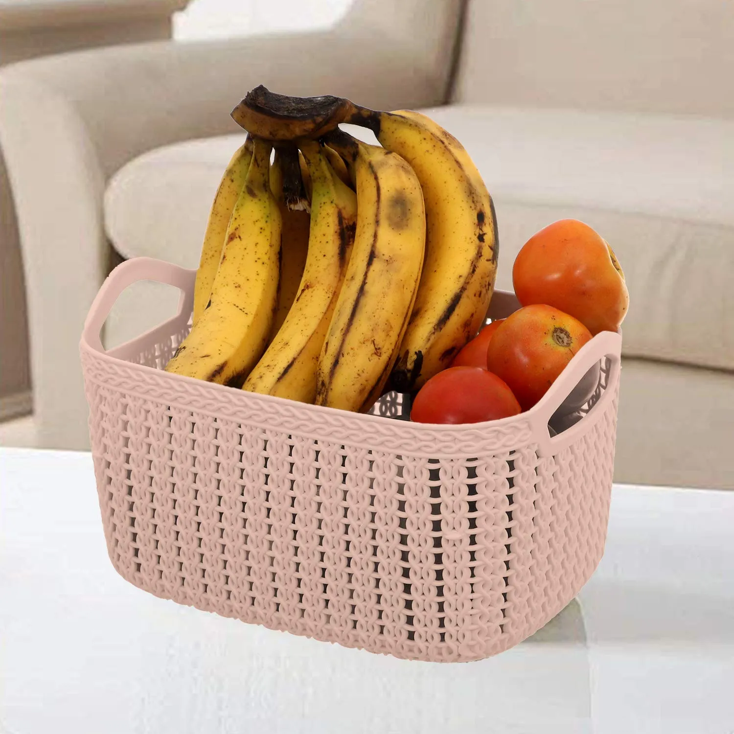 Heart Home Unbreakable Plastic 4 Pieces Multipurpose Large Size Flexible Storage Baskets/Fruit Vegetable Bathroom Stationary Home Basket with Handles (Peach & Cream) - HEART1468