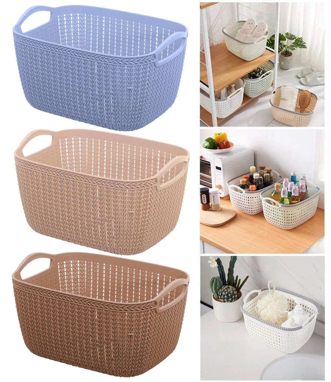 Heart Home Unbreakable Plastic 4 Pieces Multipurpose Large Size Flexible Storage Baskets/Fruit Vegetable Bathroom Stationary Home Basket with Handles (Peach & Cream) - HEART1468