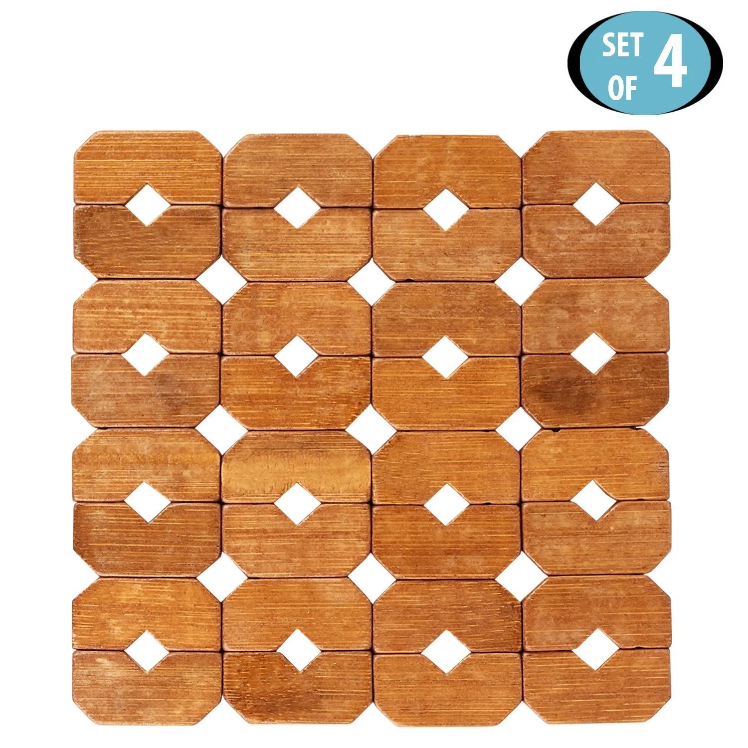 HOKIPO® Square Bamboo Coaster Heat Pad, Pan Pot Holder, 15 x 15 cm, 4 Piece Set