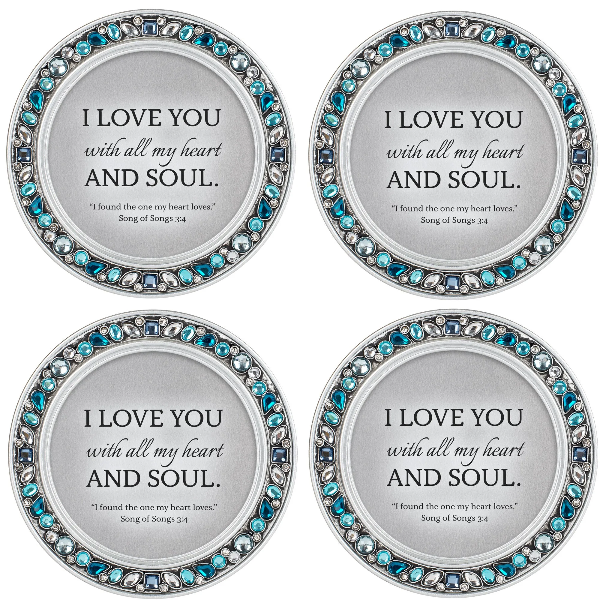 I Love You Aqua Blue 4.5 x 4.5 Resin Polymer Jeweled Coaster Set of 4