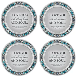 I Love You Aqua Blue 4.5 x 4.5 Resin Polymer Jeweled Coaster Set of 4