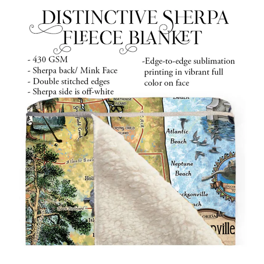 Jacksonville The Beaches of Florida Map Blanket Double Stitched Edges Cozy Luxury Fluffy Super Soft 430 GSM Polyester Throw Blanket