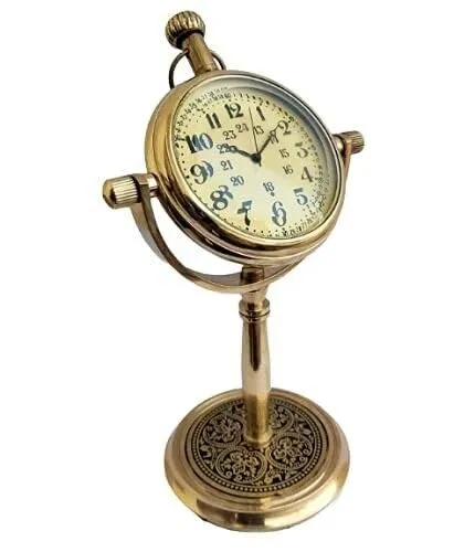 LINE WOOD™ - Handmade Antique Brass Table Clock Desk Clock Watches with Brass Rounded Shape Home & Office Decor (5 Inch - Shiny Brass)