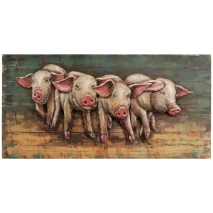 "4 Little Pigs" Handed Painted Iron Wall Sculpture on Slatted Solid Wood Wall Art