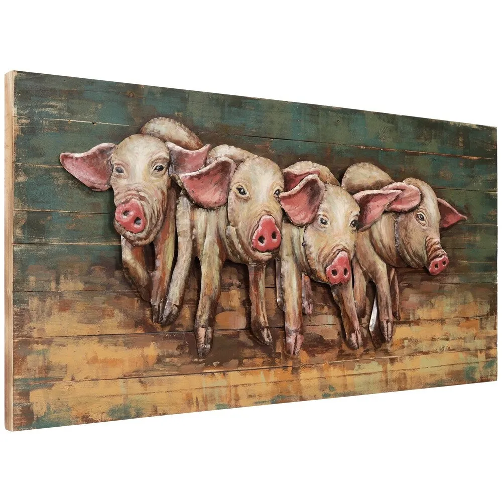 "4 Little Pigs" Handed Painted Iron Wall Sculpture on Slatted Solid Wood Wall Art