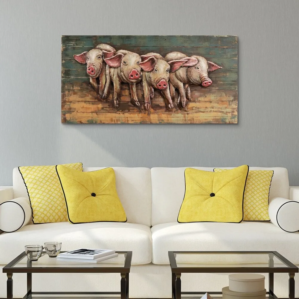 "4 Little Pigs" Handed Painted Iron Wall Sculpture on Slatted Solid Wood Wall Art