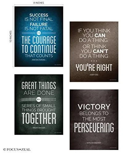 QUOTES MOTIVATIONAL INSPIRATIONAL HAPPINESS DECORATIVE POSTER PRINT FOR COURAGE, THINK YOU CAN, GREAT THINGS, VICTORY, PERSEVERING, SUCCESS 8 X 10 INCH SET OF 4