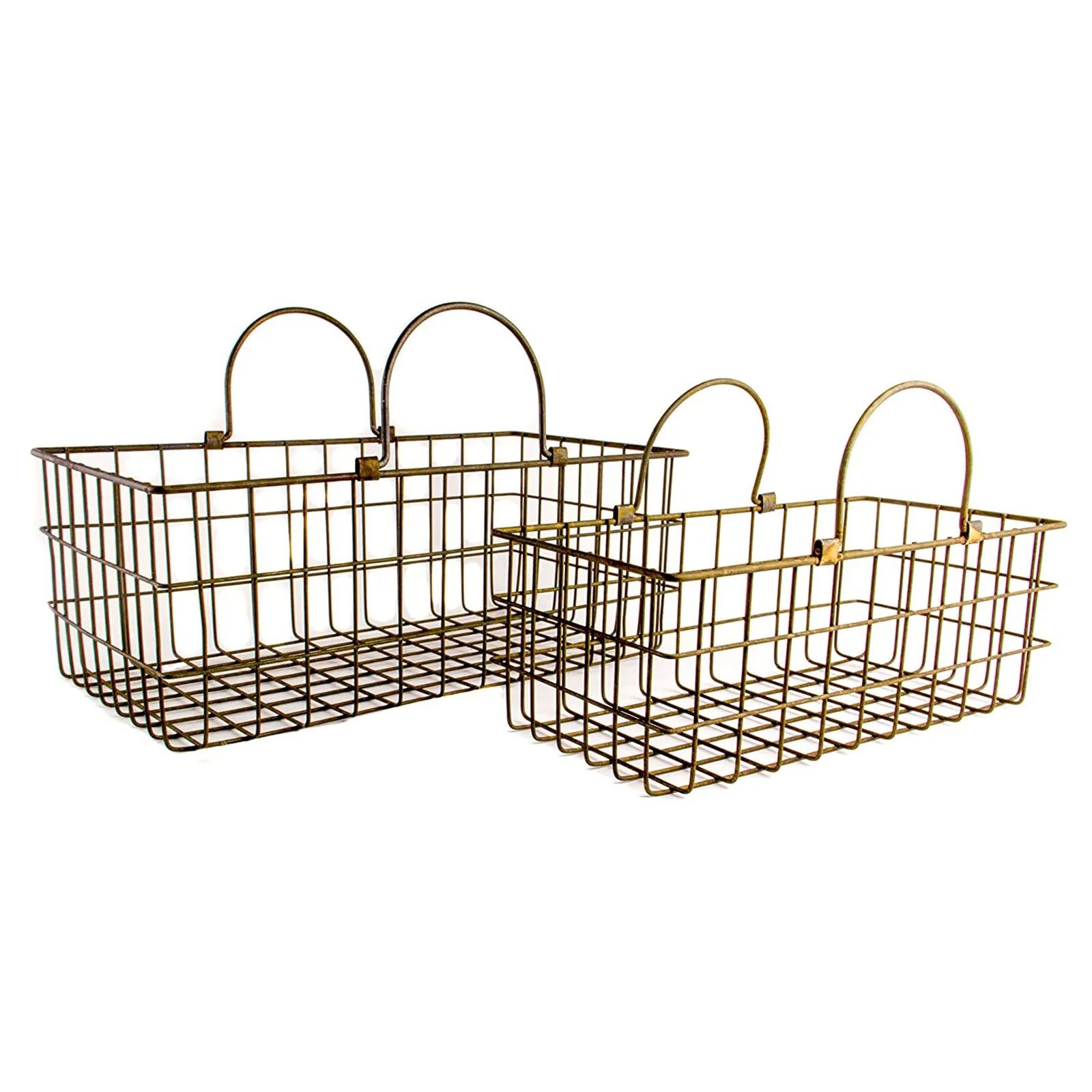 Rectangular Metal Country Style Basket with Handles, Set of 2 - Small and Large