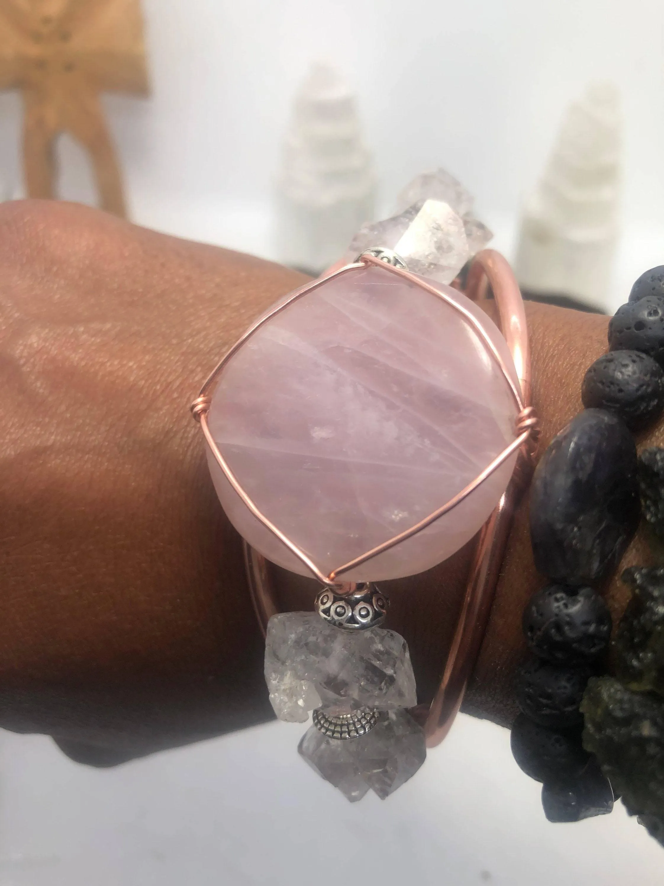 Rose Quartz and Herkimer Diamond from Morocco Copper Bracelet