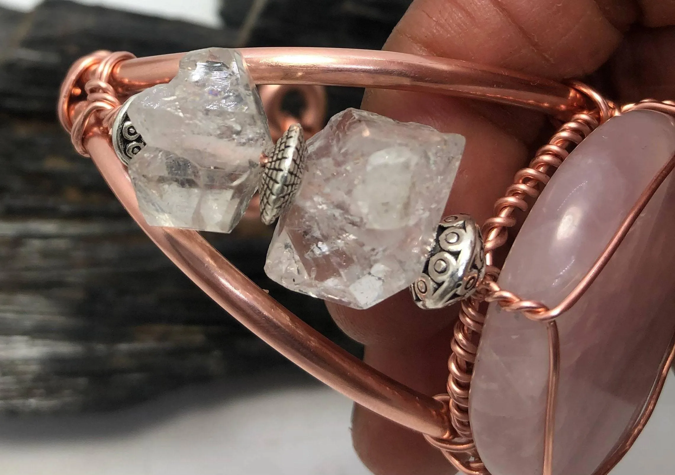 Rose Quartz and Herkimer Diamond from Morocco Copper Bracelet