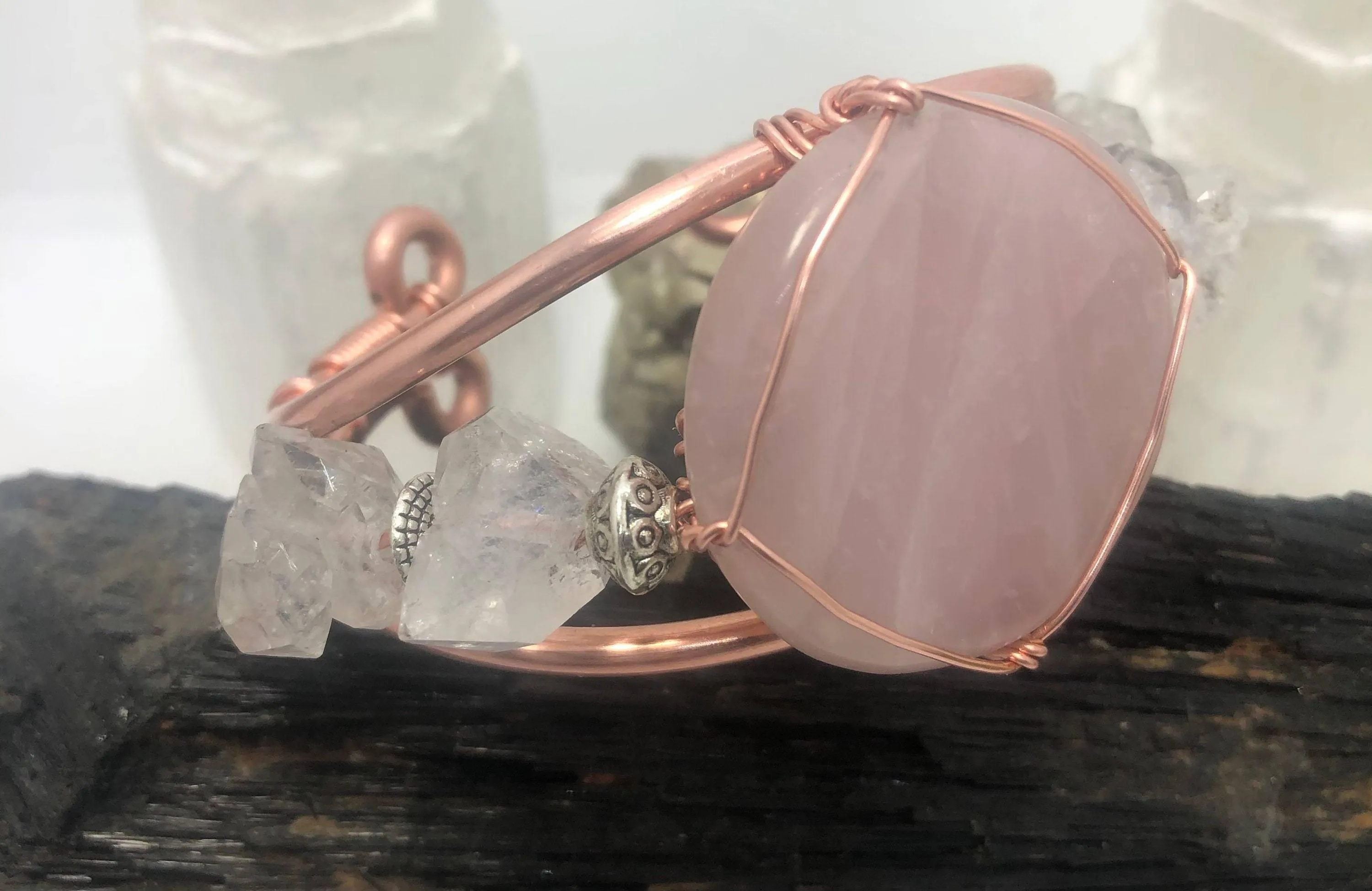 Rose Quartz and Herkimer Diamond from Morocco Copper Bracelet