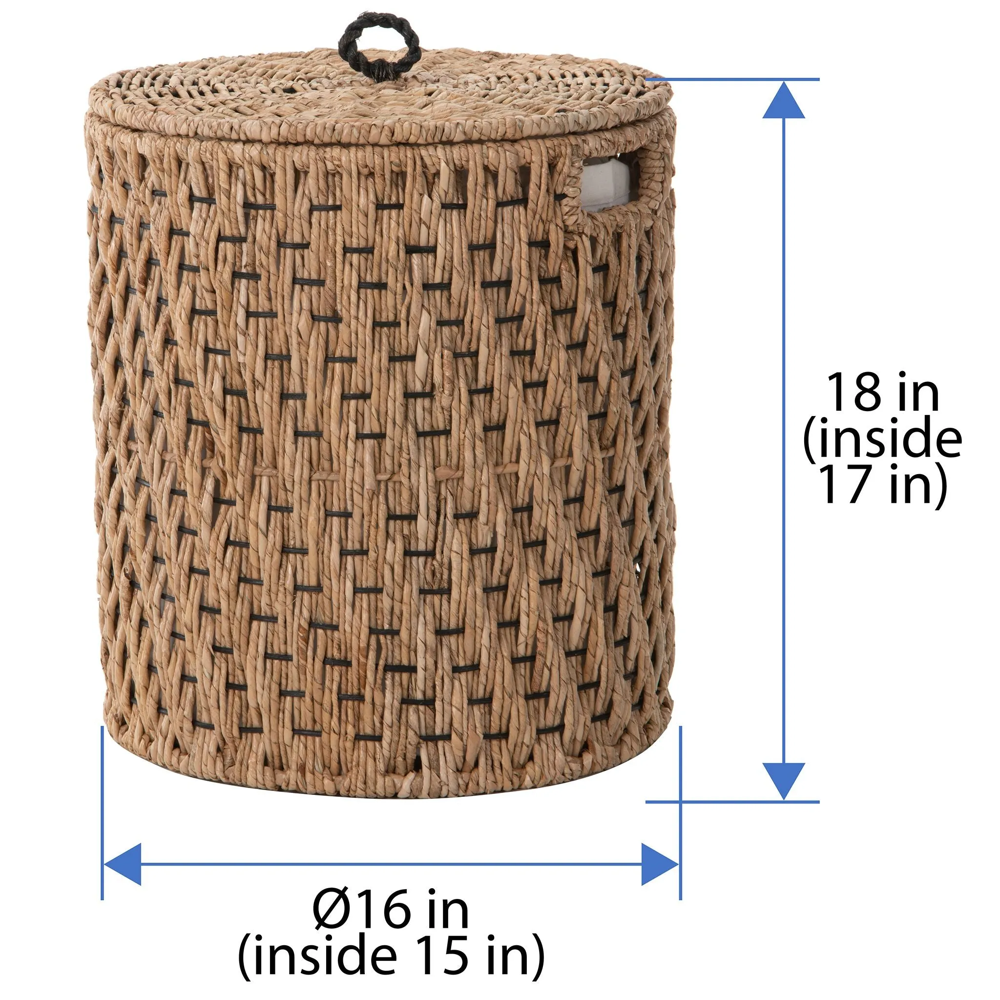 Round Lidded Vertical Weave Seagrass Laundry and Storage Basket with Liner