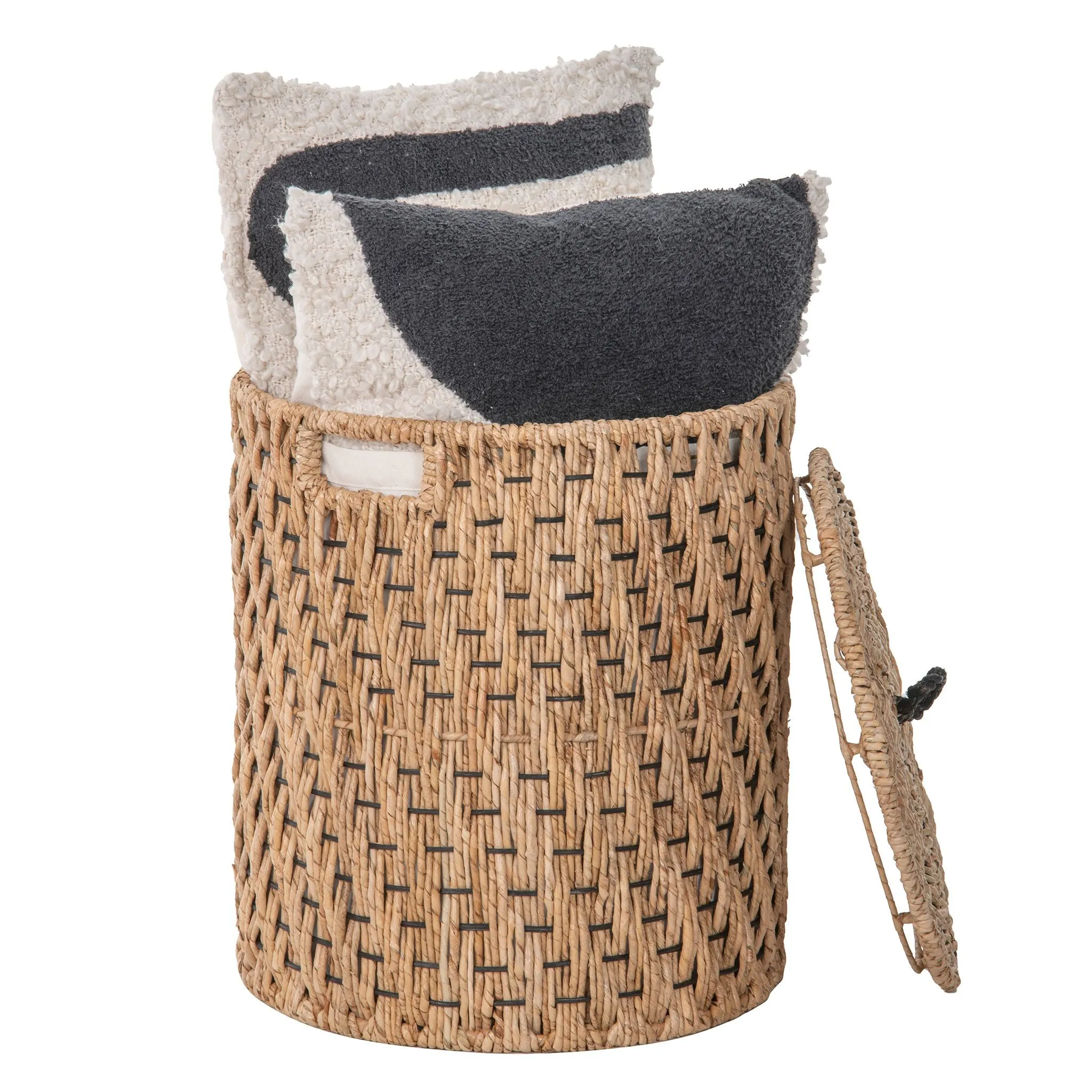 Round Lidded Vertical Weave Seagrass Laundry and Storage Basket with Liner