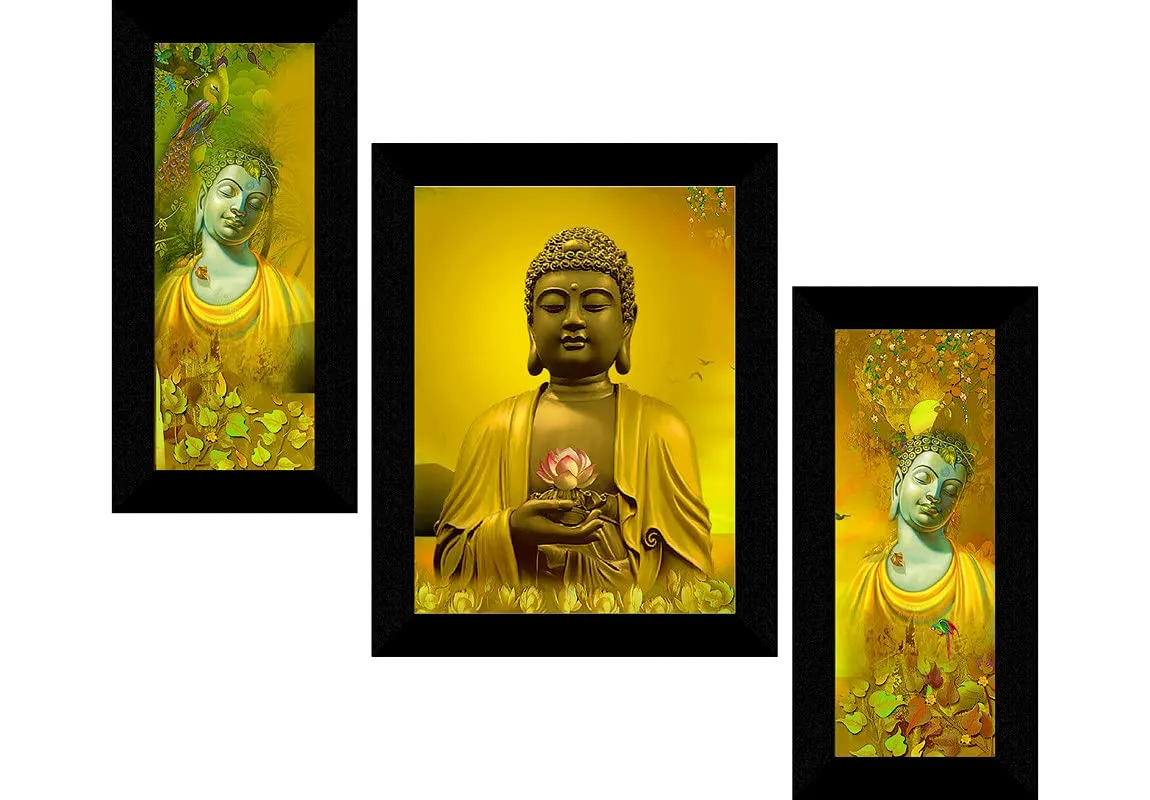 SAF paintings Set of 3 sitting Buddha modern art UV Textured Wall painting for Home Decoration Gift Item 13.5 inch X 22.5 inch SANFS31549