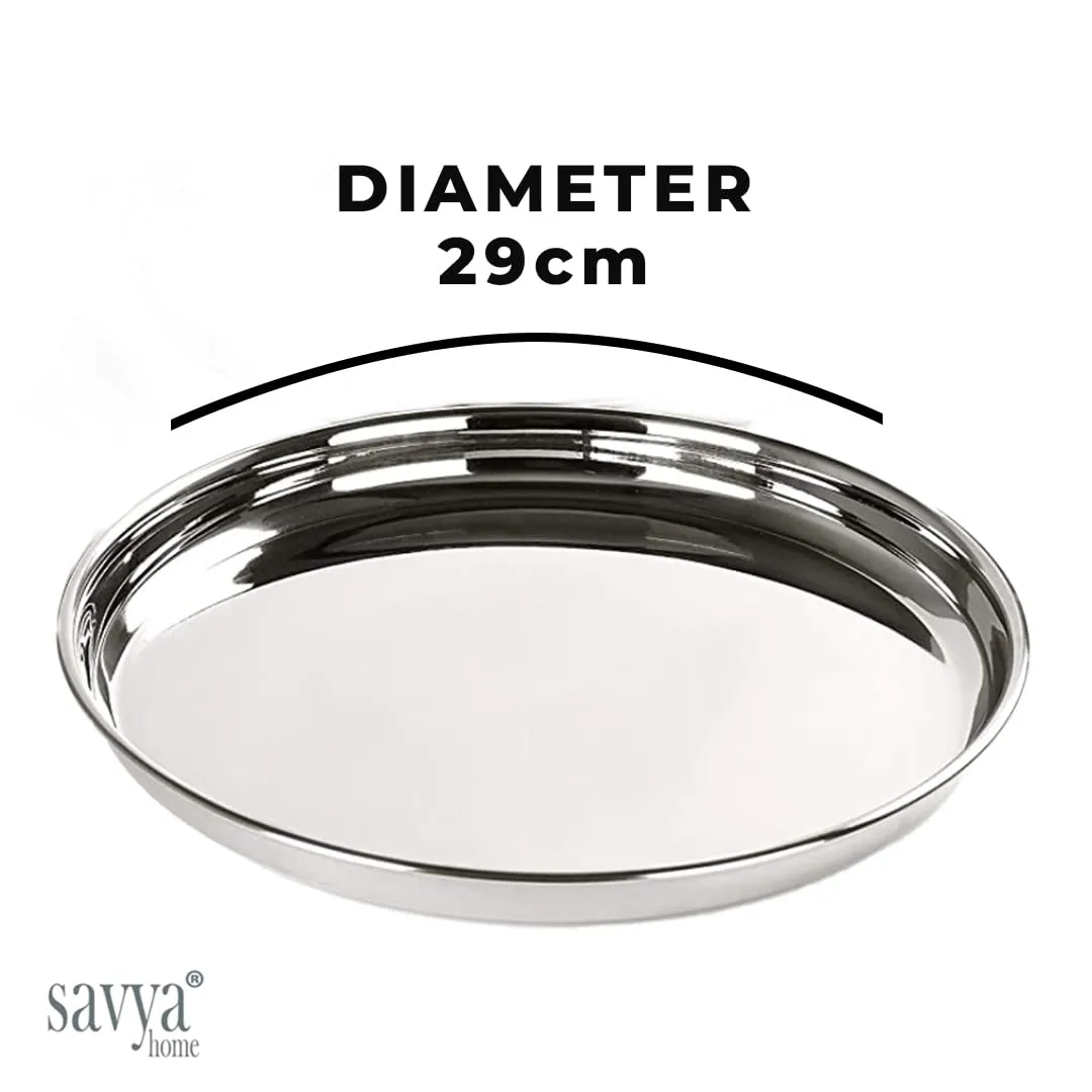 SAVYA HOME 4 Pcs Big Plate Set for Dhanteras & Diwali Gifting | Stainless Steel Dining Plate Set | Stainless Steel,Deep Base Glossy Finish,Durable,Stackable |Steel Plates for Lunch, Breakfast, Dinner