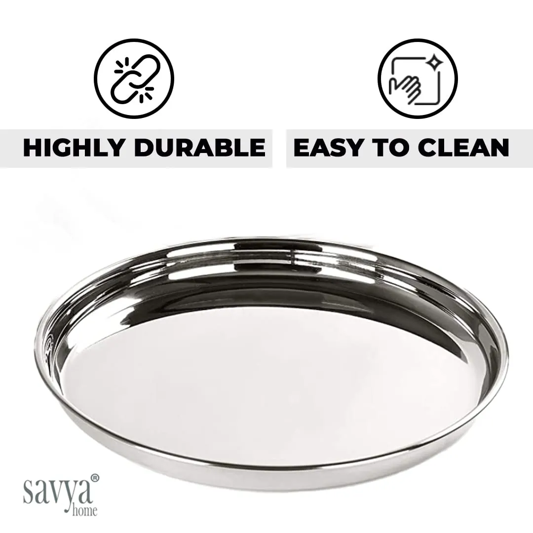 SAVYA HOME 4 Pcs Big Plate Set for Dhanteras & Diwali Gifting | Stainless Steel Dining Plate Set | Stainless Steel,Deep Base Glossy Finish,Durable,Stackable |Steel Plates for Lunch, Breakfast, Dinner